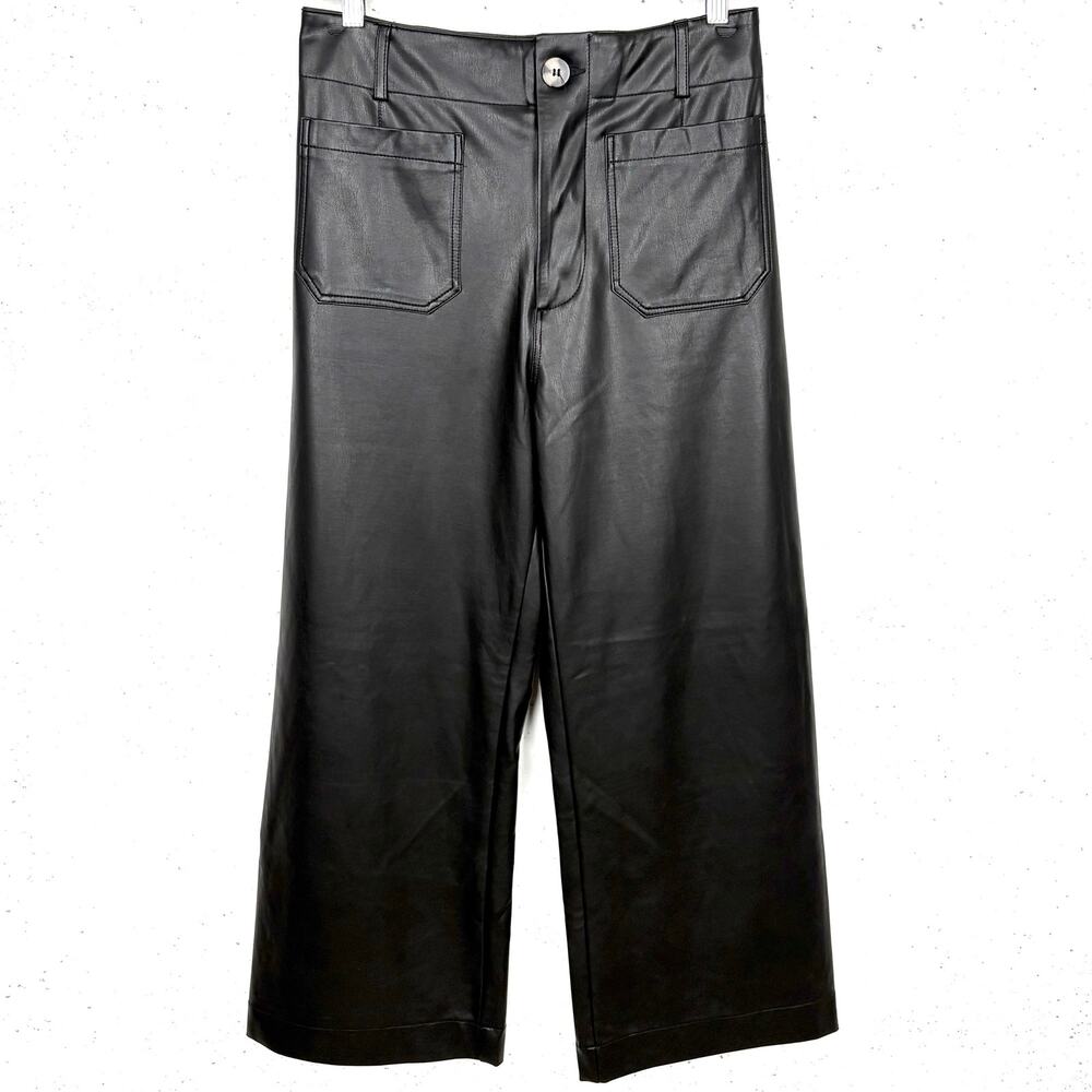 Anthropologie Maeve Colette Faux Leather Cropped Wide Leg Pants Black Size 28